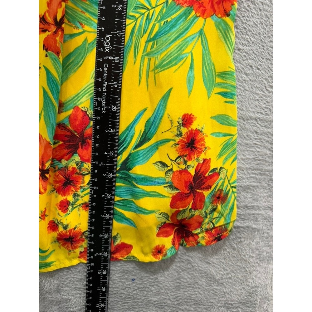 NY&Co Sleeveless Blouse Womens XL Yellow Floral Tropical Tie Neck Lined - Picture 6 of 10